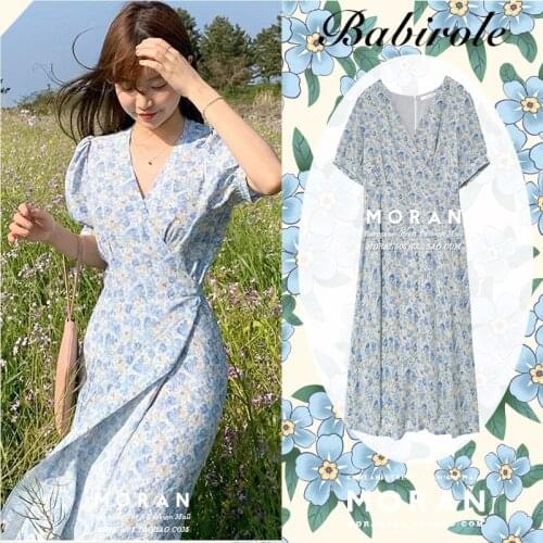 French style summer vintage floral printed dress women v-neck slim lace up a-line chiffon dress