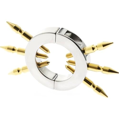 Golden Spike Ball Stretcher Testicle Stimulation Spike Ring Cock Pendant Device Bondage Bdsm Torture Kinky Play Stainless Steel