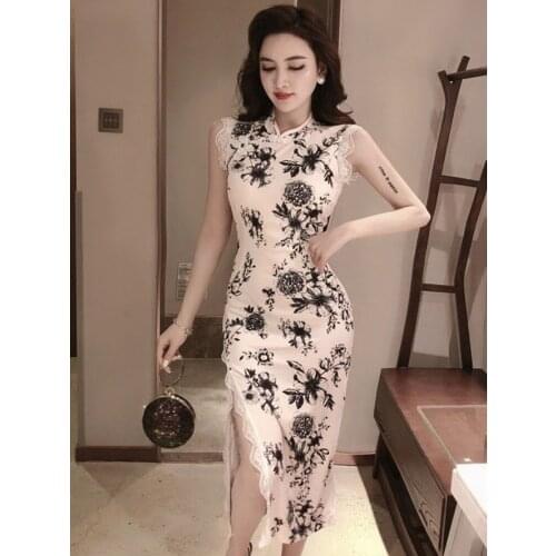 2021 lace sexy long lace cheongsam flower print dress party evening female chinese style improved qipao elegant chinese dress