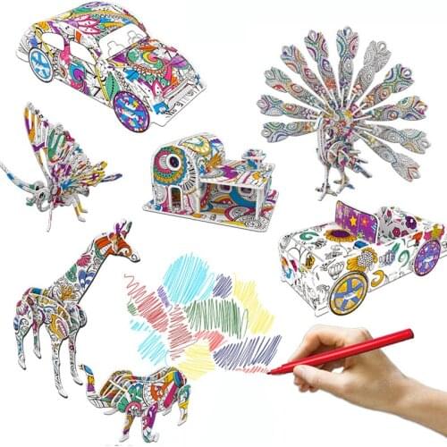 DIY 3D Puzzle Jigsaw Creative Cartoon Animal Construction Model Drawing Toys Assembled Building Puzzle Toys For Children