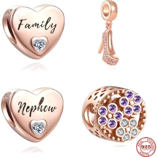 100% Real 925 Sterling Silver Rose Gold Heart Nephew Family Charms Beads Fit Original Pandora Bracelet For Women Jewelry Making