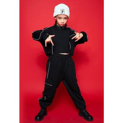 Girls Black Cool Hip Hop Clothing Jackert Crop Tops Stage wear Tactical Cargo Pants for Kids Ballroom Dance Costume Clothes