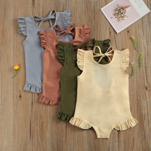 Toddlers Summer Swimwear, Solid Color O-Neck Ruffle Sleeve Lacing Backless Swimsuit for Little Girls Beach Wear