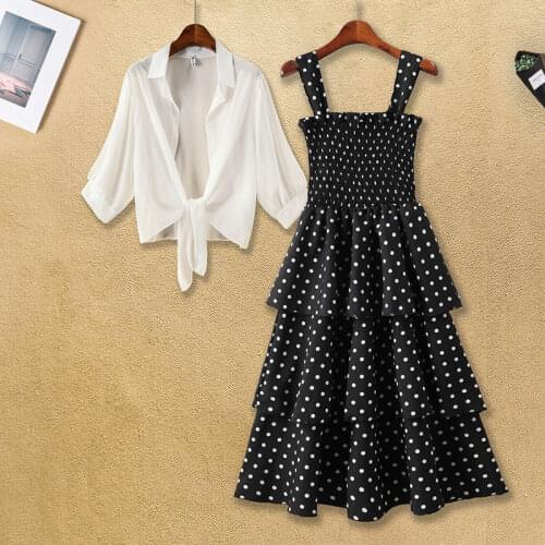 Summer 2021 Polka Dot Brace Dress Chiffon Shirt Shawl Fashion Suit Cake Dress