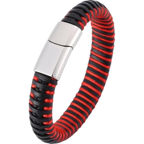Trendy Men Black Red Mixed Braided Leather Rope Bracelet Silver color Magnetic Buckle Bracelets Punk Men Wrist Band gift BB0401