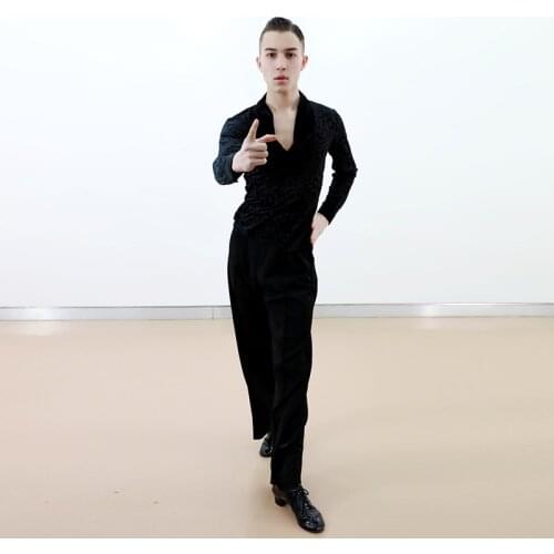 Latin Dance Men Leopard Velvet Black Tops V-Neck Performance Costume Male Ballroom Shirt Salsa Tap Latin Dance Professional Wear