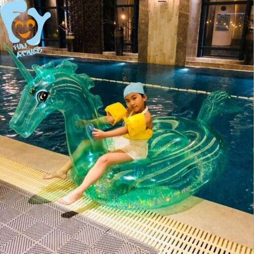 Inflatable Crystal Clear Unicorn With Sequins Paillettes Pool Float Ride-on Floaties Water Fun Toys Floating Air Bed Mattress