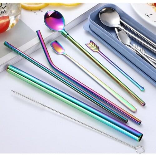 Stainless Steel Straw Portable Mixing Spoon 8 Sets Metal Drinking Straw Reusable Bent Straight Straw Set With Cleaner Brush Bar
