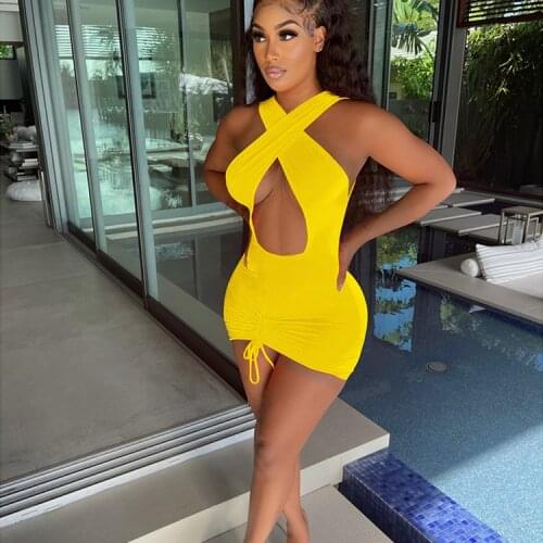 2020New Sexy Ruched Night Party Dress 2021 Club Outfits for Women Cut Out Cross Halter Backless Summer Cute Mini Bodycon Dresses