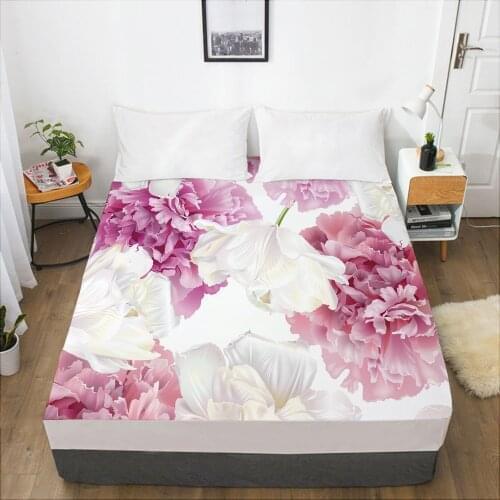 Luxury Elastic fitted sheet bed sheet With An Elastic Band Mattress Cover 150x200/160x200 Bed cover for home Flowers light pink