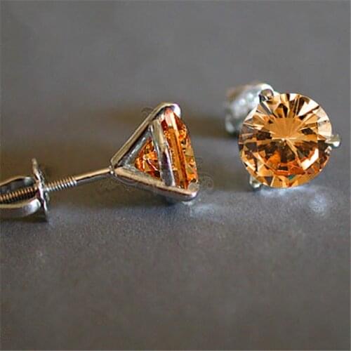 Luxury Female 6/7/8mm Champagne Round Stone Earrings Real 925 Sterling Silver Earrings For Women Small Screw Stud Earrings