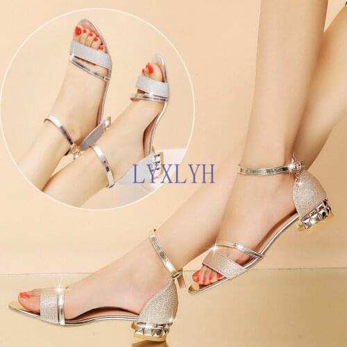 Women Sandals 2021 Heels Casual Shoes Womens Open Toe Summer Gold Shoes Square Female Ankle Strap Low Heels Footwear Woman