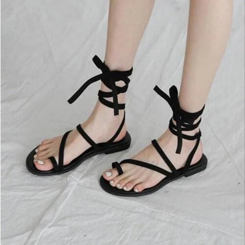 Roman Sexy Lace Up Black Sandals Women Summer Beach Flat Shoes Ladies Fashion Ankle Cross Strap Gladiator Strappy Sandals 2021