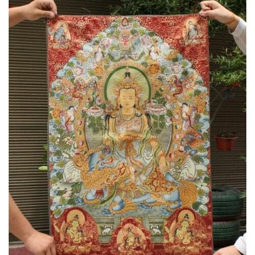SCY 36 Tibet Cloth Silk PuXian Samantabhadra GuanYin Ride Lion Buddha Tangka Thangka