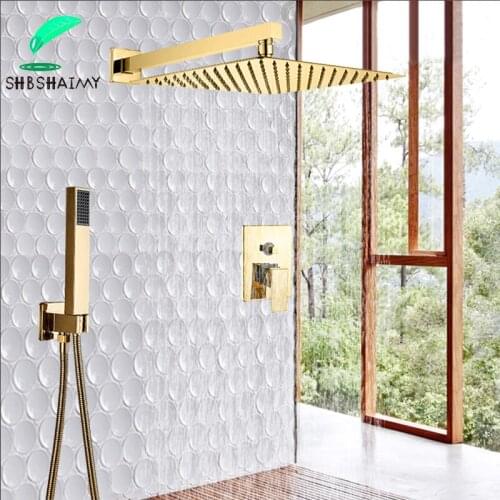 SHBSHAIMY Golden Wall Mounted Bathroom Shower Faucet 8" 10" 12" Kit 2-ways Golden Rainfall Shower Head Hot Cold Mixer Faucet Tap