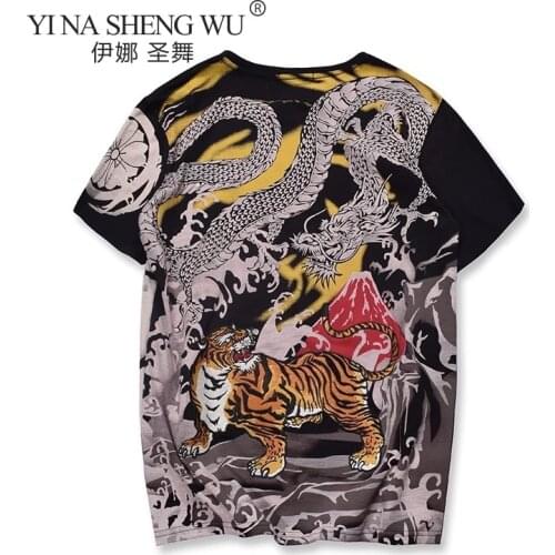 Japanese Style Tops Fashion Hip Hop Tiger Embroidered Style Short T-shirt Cotton O-neck T Shirt T-shirt Homme Loose Kimono New