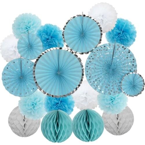 Hot Kids Boy Baptism Decor Mixed Size Silver Blue Folding Fan Holiday Decoration Tissue Pompom Wedding Hanging Honeycomb Ball