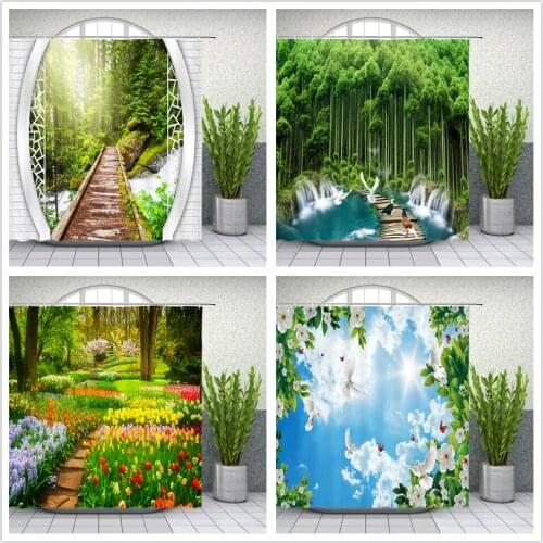 Modern 3D Printing Forest Shower Curtains Green Plant Tree White dove Landscape Bath Curtain With Hooks Bathroom Waterproof
