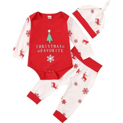 Newborn Baby Christmas Outfits Cute Printed Long Sleeve Romper+Long Pants+Hat 3Pcs Baby Girls Boys Clothes New Years Costume