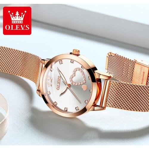 OLEVS Luxury Date Watch Women Waterproof Rose Gold Mesh Belt Ladies Wrist Watches Heart-shaped Bracelet Clock Relogio Feminino