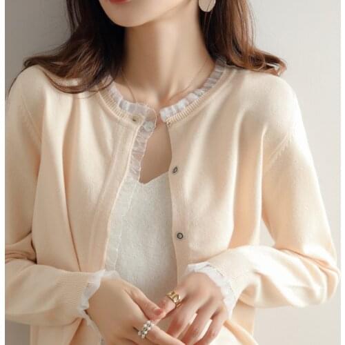 Round Neck Lace 100% Natural Wool Cardigan Womens Knitted Wool Sweater Autumn Sweater White Cardigan Sweater Cardigan Crop