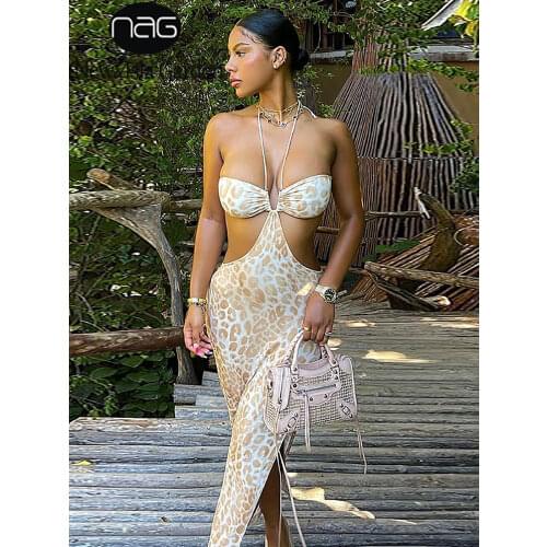 NewAsia Leopard Halter Dress Cut out Side Split Spaghetti Strap Backless Lace up Print Maxi Dresses Women Sexy Bodycon Robe 2021
