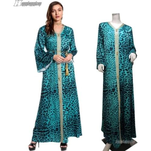 Fashion Leopard Print Maxi Dress for Women African Vestidos Muslim Islamic Long Sleeve Abaya Kaftan Moroccan Gown Turkish Robe