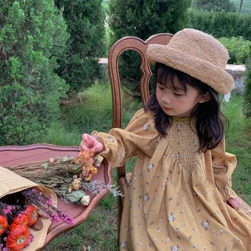 MILANCEL 2021 Autumn New Girls Dresses Yellow Floral O-Neck Loose Long Sleeves Dress