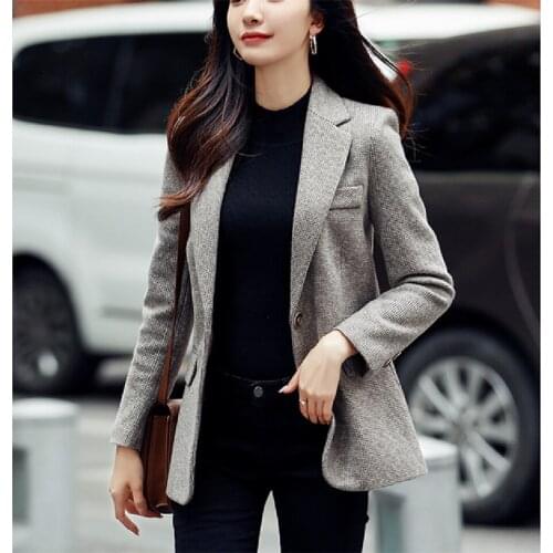 New Autumn Winter Vintage Houndstooth Jacket Coat Women Small Fragrance Korean Woollen Coats Elegant Woolen Outerwear