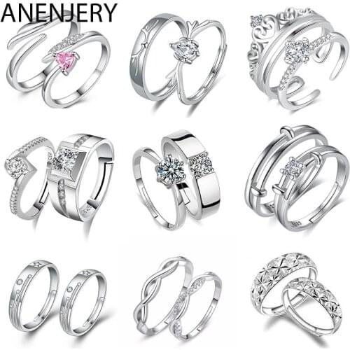 ANENJERY 1 Pair 925 Sterling Silver Zircon Couple Rings Hot Fashion Classic Men Women Wedding Jewelry Gifts Wholesale anillos