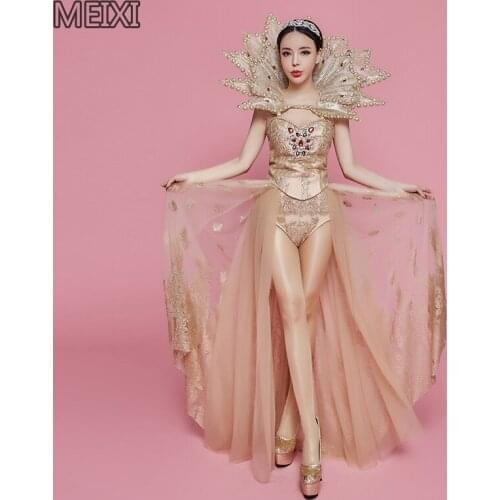 Sparkle queen gold print rhinestone trail suit party nightclub bar concert DJ singer/dancer costume