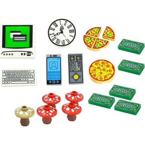 Building Blocks City Accessories Printed Tile Computer Phone Clock Pizza MOC Parts Mushroom Money Coins Dollars DIY House Bricks