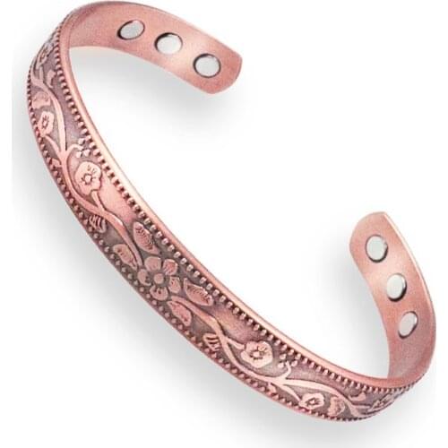 Vintage Carved Flower Energy Magnetic Pure Copper Bracelet Adjustable Cuff Womens Bracelet Bangles