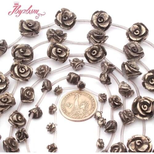 8,10,12,14,16mm Carved Flower Pyrite Spacer Beads Natural Stone for DIY Necklace Bracelet Earrings Rings Jewelry Making 15"