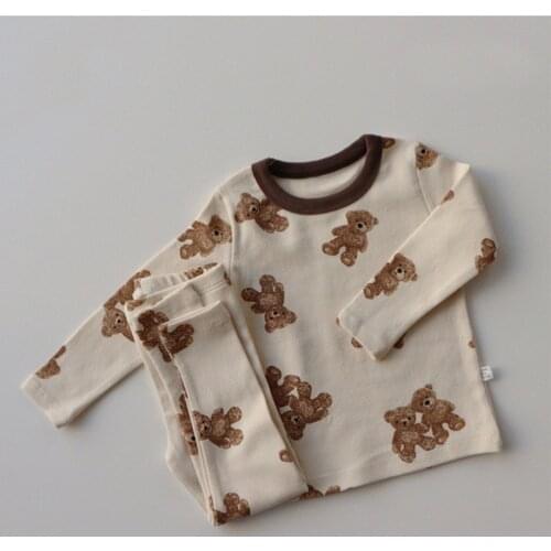 Infant Girls Bear Print Clothes Spring Ribbed Clothes Sets Newborn Boys Long Sleeve Bodysuits Elastic Pants 2PCs Solid Outfits