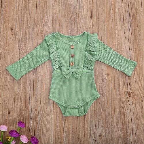 Emmababy Newborn Baby Girl Clothes Autumn Solid-Color Round-Neck Ruffle Long-Sleeves Rompers with Bowknot Knitted Cotton Suit