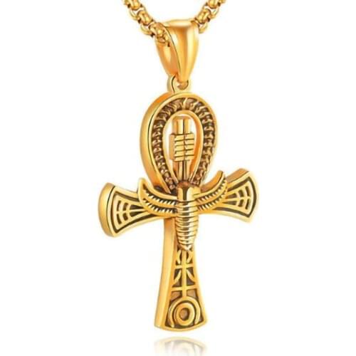 Pendant For Men Boy Punk Jewelry Gold Black Silver Color Egyptian Life Totem Cross Necklace