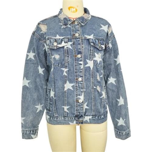 Hot Sale Denim Jacket For Women Fashion Ripped Star Jeans Jacket Coat Spring and Autumn Female Clothing XS-L Drop shipping
