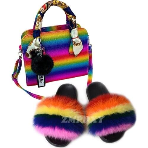 Fashion Women Rainbow Stripe Slides Purse Sets Fluffy Real Fox Fur Slippers With Matching Bags Home Furry Sandals Wholesale