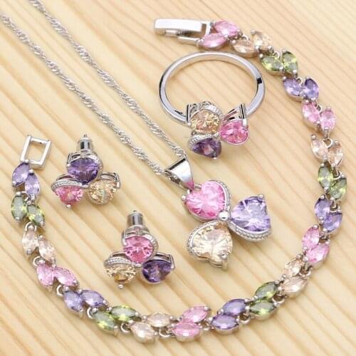 Heart Shape 925 Silver Jewelry Sets For Women Multicolor Cubic Zirconia Ring Bracelet Necklace Pendant Earrings Silver Kit