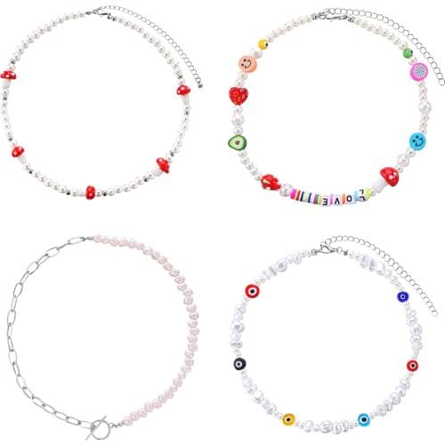 New Bohemia Handmade Colorful Rice Beads Imitation Pearl Necklace Flower Fruit Chain Necklaces Choker Women Beach Jewelry Gifts