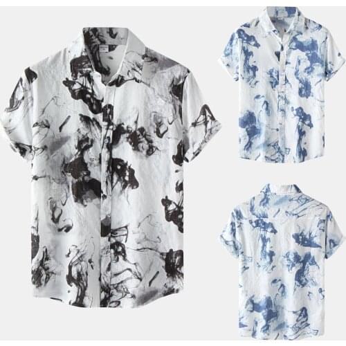 Plus Size Mens Beach Shirts Summer Casual Ink Printed Short Sleeve Button Turn-Down Collar Shirt Hawaiian Flower Shirt Camisa