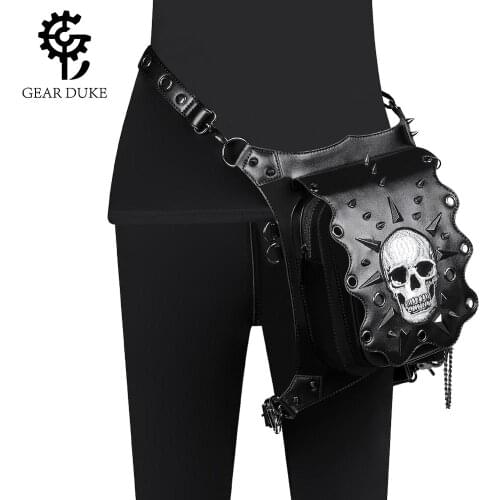 Rock Mens Leg Bags Steampunk Gothic Skull Fanny Pack Retro Black Leather Waist Bag Crossbody Messenger Phone Case Holder