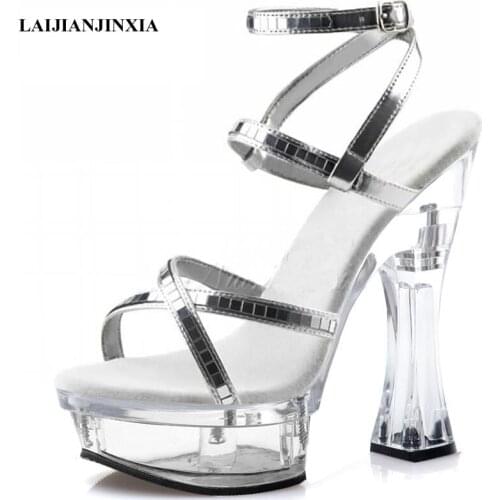 Transparent Crystal Open Toe Buckle Strap Sandals 14 CM High Heeled Shoes Elegant Concise Platform Models Party Fashion Shoes