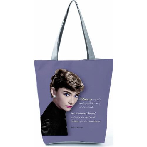 Audrey Hepburn Classy Printed Handbag Retro High Capacity Women Shoulder Bag Purple Eco Reusable Shopping Bag Can Custom Pattern