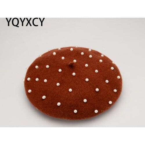 YQYXCY Wool Beret Vintage Warm Wool Winter Women Beret Full Pearl Beads French Artist Beanie Hat Cap Girl Spring And Autumn Hats