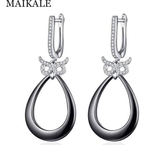 MAIKALE Korean Black Ceramic Earrings Owl Shape Cubic Zirconia Oval Dangle Drop Earrings for Women Fashion Jewelry Gifts