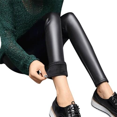 YRRETY Women Plus Size Winter Faux Leather Velvet Warm Pants High Waist Trousers Thick Stretch Fleece Lining Skinny Leggings