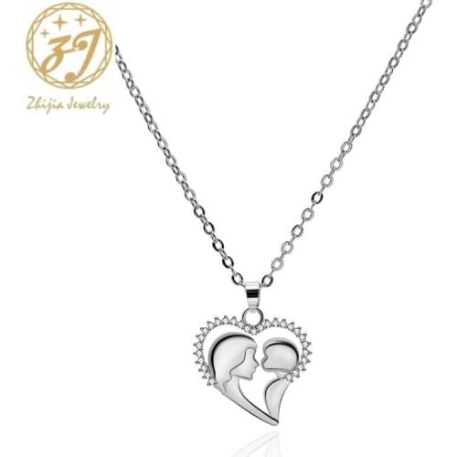 Zhijia new arrival gold silver color heart design rhinestone simple love mum kiss baby pendant necklace for women mothers day gifts jewelry