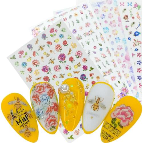 2020 Spring New Arrivals Peony Flower Bee Green Leaf Dragonfly Bird 3D Ultra thin Gummed Nail Art Sticker Decals Decoration